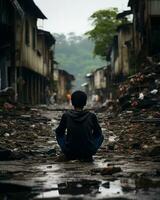 a person sitting on the ground in an alleyway generative ai photo