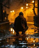 un persona sentado en el suelo en el lluvia a noche generativo ai foto