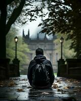 a person sitting on the ground with a backpack generative ai photo