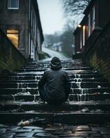 a person sitting on the steps of a building generative ai photo