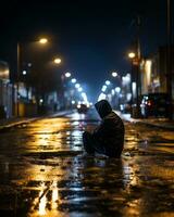 a person sitting on the street at night generative ai photo