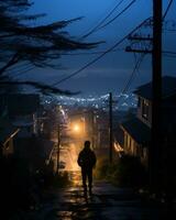 a person walking down a street at night generative ai photo