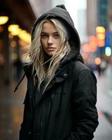 a woman in a black jacket and hoodie standing on a city street generative ai photo