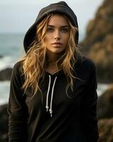 a woman in a black hoodie standing near the ocean generative ai photo