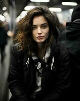 a woman in a black jacket sitting on a subway train generative ai photo