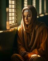 a woman in a hijab sitting by a window generative ai photo