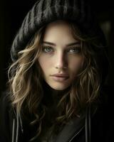 a woman in a hoodie and jacket looking into the camera generative ai photo