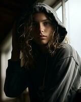 a woman in a hoodie leaning against a window generative ai photo