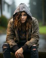 a woman in a hoodie sitting on a curb generative ai photo