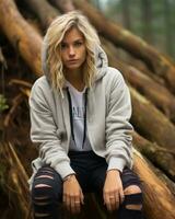 a woman in a hoodie sitting on a log in the woods generative ai photo