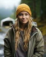 a woman in a yellow beanie and jacket standing in front of a forest generative ai photo