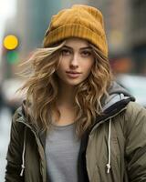 a woman in a yellow hat and jacket standing on a city street generative ai photo