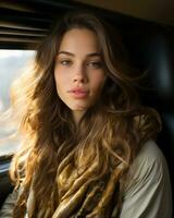 a woman sitting in a car generative ai photo