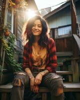 a woman sitting on a porch with a sun shining in the background generative ai photo