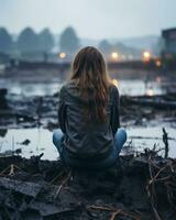 a woman sitting on the ground in front of a body of water generative ai photo
