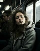 un mujer sentado en un tren con su ojos cerrado generativo ai foto