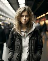 a woman standing in a train station generative ai photo