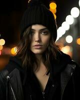 a woman wearing a black beanie and a black jacket generative ai photo