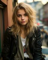 a woman wearing a black leather jacket generative ai photo