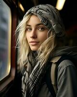 a woman wearing a hat and scarf sitting on a train generative ai photo