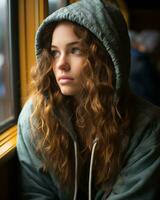 a woman wearing a hooded sweatshirt generative ai photo