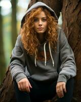 a woman wearing a hoodie sitting on a tree trunk generative ai photo