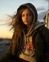 a woman wearing a hoodie generative ai photo