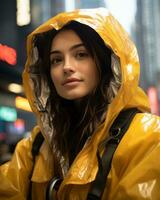 a woman wearing a yellow raincoat generative ai photo