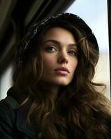a woman with long brown hair is looking out the window generative ai photo