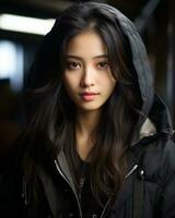 a woman with long hair and a black jacket generative ai photo