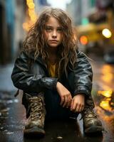 a young girl sitting on the ground in the rain generative ai photo