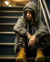 a young girl in a hoodie sitting on the stairs generative ai photo