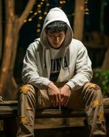 a young man in a hoodie sitting on a bench generative ai photo