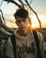 a young man is standing in front of a tree with a sunset in the background generative ai photo