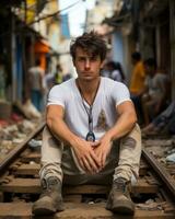 a young man sitting on a train track in an urban area generative ai photo