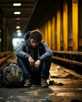 a young man sitting on the floor of a subway station generative ai photo