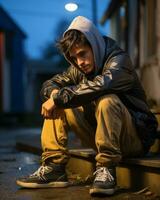 a young man in a hoodie sitting on the steps generative ai photo