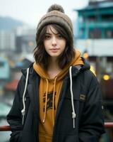 a young woman in a hoodie and jacket standing on a bridge generative ai photo