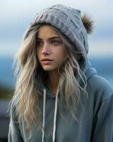 a young woman in a grey hoodie and hat looking off into the distance generative ai photo