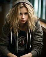 a young woman in a hoodie sitting on a bench generative ai photo
