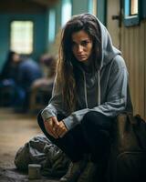 a young woman in a hoodie sitting on the floor generative ai photo