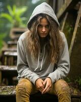 a young woman in a hoodie sitting on a bench generative ai photo