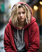 a young woman in a red hoodie sitting on the street generative ai photo