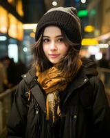 a young woman in a winter hat and scarf at an airport generative ai photo