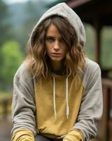 a young woman in a yellow hoodie sitting on a bench generative ai photo