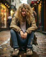 un joven mujer sentado en el suelo en frente de un Tienda generativo ai foto