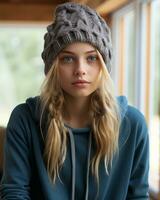 a young woman wearing a blue sweater and a gray knit beanie generative ai photo