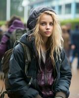 a young woman with a backpack sitting on a bench generative ai photo