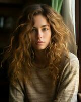 a young woman with curly hair sitting in front of a window generative ai photo