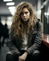 a young woman with long curly hair sitting on a bench generative ai photo